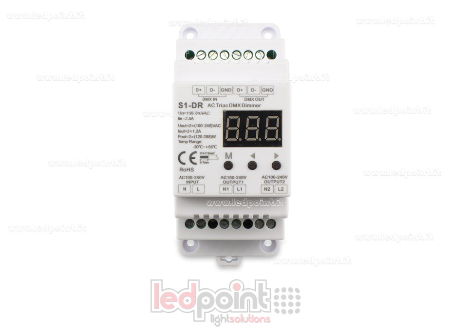Triac DMX 512 dimmer barra DIN, 2 canali da 1.2A Triac DMX 512 dimmer barra DIN, 2 canali da 1.2A