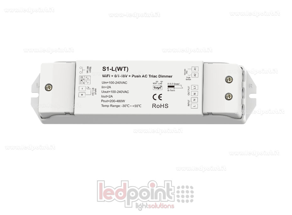 Dimmer AC a taglio di fase 100-240Vac 1ch*2A , WiFi(Tuya) +0/1-10V + Pulsante