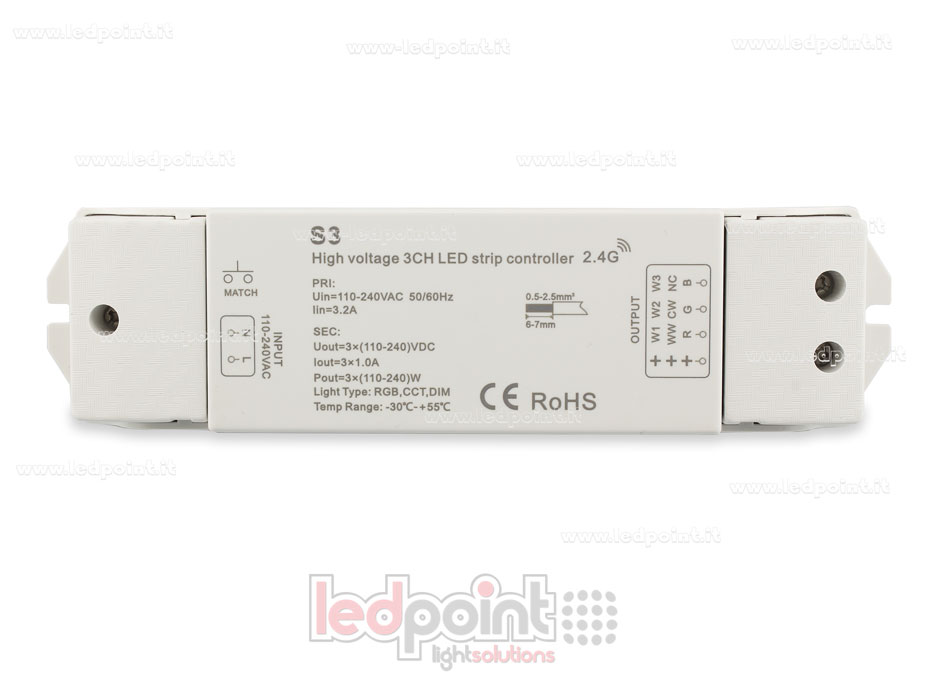 Controller per strip 110-240 VDC, CCT/RGB, 3 canali da 1A l'uno, RF 2.4G Controller per strip 110-240 VDC, CCT/RGB, 3 canali da 1A l'uno, RF 2.4G