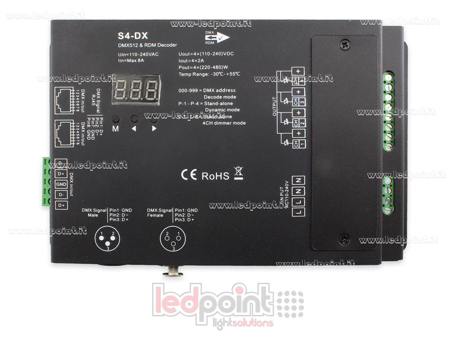DMX 512 decoder, 4 canali da 2A l'uno, tensione 110-240VAC DMX 512 decoder, 4 canali da 2A l'uno, tensione 110-240VAC