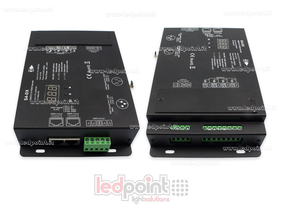 DMX 512 decoder, 4 canali da 2A l'uno, tensione 110-240VAC DMX 512 decoder, 4 canali da 2A l'uno, tensione 110-240VAC