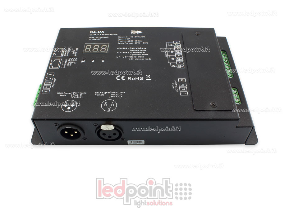 DMX 512 decoder, 4 canali da 2A l'uno, tensione 110-240VAC DMX 512 decoder, 4 canali da 2A l'uno, tensione 110-240VAC