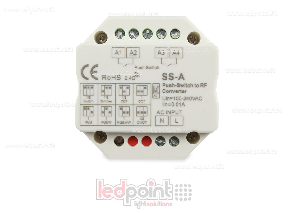 Telecomando, push dim, 1 o 2 zone, monocromatico, CCT, RGB, RGBW e RGB+CCT, RF 2.4G, per scatola di derivazione a muro Telecomando, push dim, 1 o 2 zone, monocromatico, CCT, RGB, RGBW e RGB+CCT, RF 2.4G, per scatola di derivazione a muro