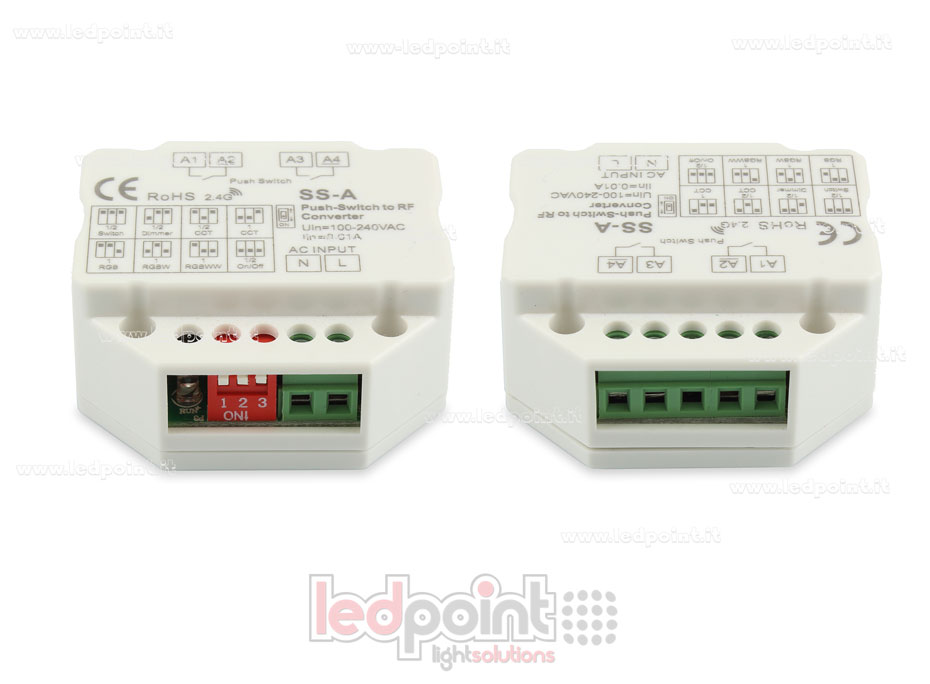 Telecomando, push dim, 1 o 2 zone, monocromatico, CCT, RGB, RGBW e RGB+CCT, RF 2.4G, per scatola di derivazione a muro Telecomando, push dim, 1 o 2 zone, monocromatico, CCT, RGB, RGBW e RGB+CCT, RF 2.4G, per scatola di derivazione a muro