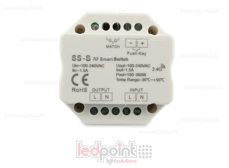 Controller monocromatico 100-240VAC, non dimmerabile, 1.5A, pulsante on/off, RF 2.4G, per scatola di derivazione a muro Controller monocromatico 100-240VAC, non dimmerabile, 1.5A, pulsante on/off, RF 2.4G, per scatola di derivazione a muro