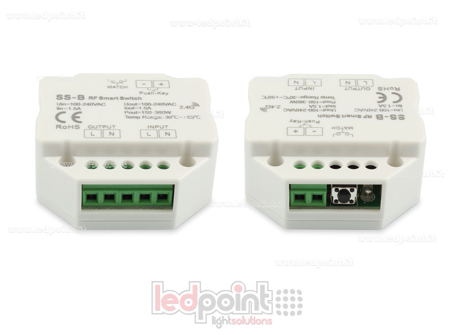 Controller monocromatico 100-240VAC, non dimmerabile, 1.5A, pulsante on/off, RF 2.4G, per scatola di derivazione a muro Controller monocromatico 100-240VAC, non dimmerabile, 1.5A, pulsante on/off, RF 2.4G, per scatola di derivazione a muro