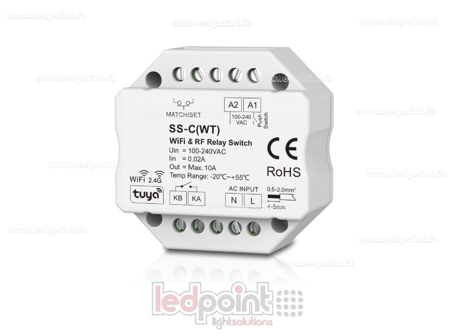 Controller monocromatico 100-240VAC, non dimmerabile 10A, push dim, WIFI+ RF 2.4G, per scatola di derivazione a muro