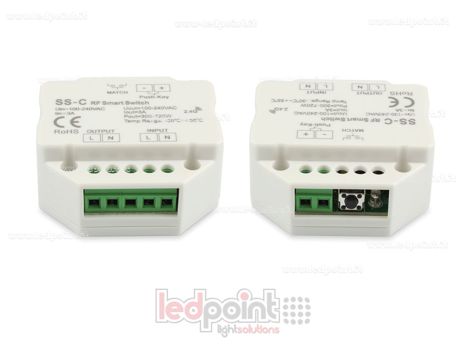 Controller monocromatico 100-240VAC, on/off, non dimmerabile, 3A, push dim, RF 2.4G, per scatola di derivazione a muro Controller monocromatico 100-240VAC, on/off, non dimmerabile, 3A, push dim, RF 2.4G, per scatola di derivazione a muro