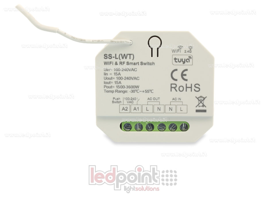 Controller monocromatico 100-240VAC, on/off, non dimmerabile, 15A, push switch, WiFi, RF 2.4G, per scatola di derivazione a muro