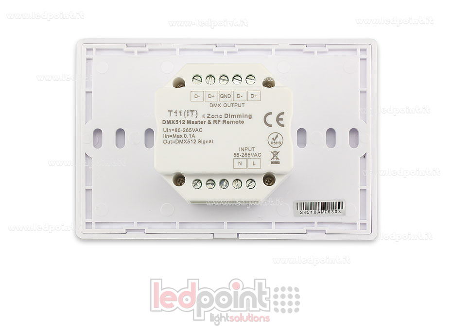 Master DMX e telecomando monocromatico RF da parete, bianco, 4 zone, 120x80mm per scatola 503 Master DMX e telecomando monocromatico RF da parete, bianco, 4 zone, 120x80mm per scatola 503