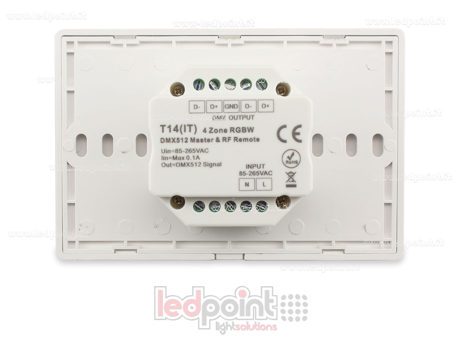 Telecomando RGBW master da parete bianco 4 zone RF2.4G + DMX512 120*80mm per scatola 503