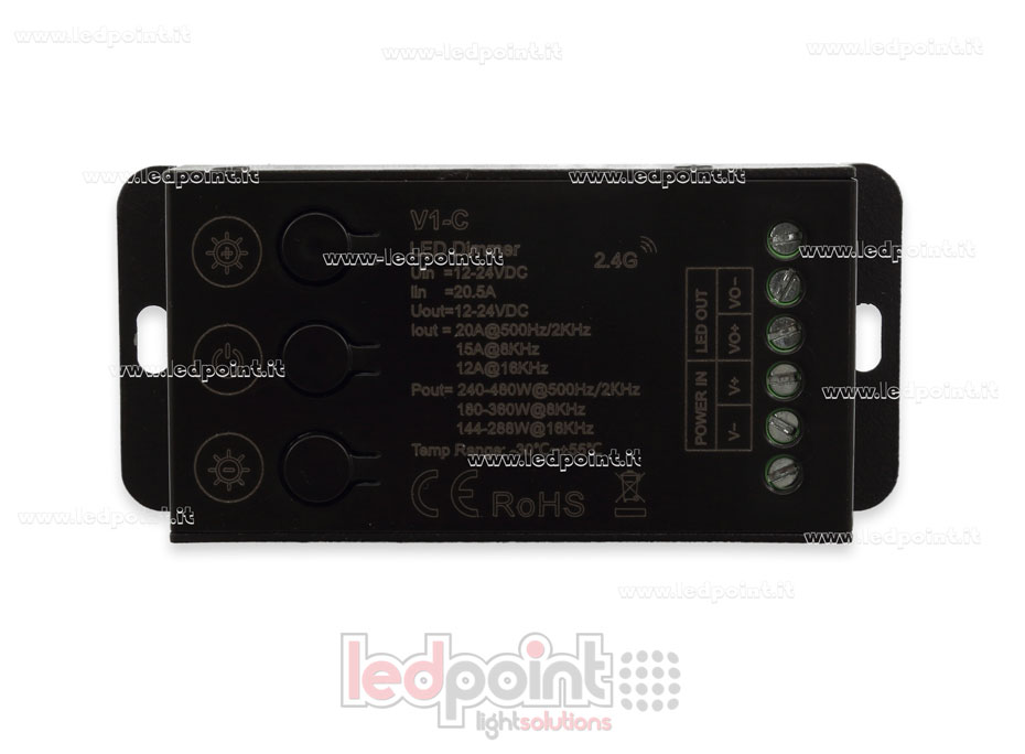 Ricevitore controller monocromatico 12-24V, 1ch*20A con 3 bottoni e PWM selezionabile, RF 2.4G Ricevitore controller monocromatico 12-24V, 1ch*20A con 3 bottoni e PWM selezionabile, RF 2.4G