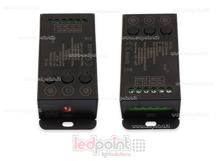 Ricevitore controller monocromatico 12-24V, 1ch*20A con 3 bottoni e PWM selezionabile, RF 2.4G Ricevitore controller monocromatico 12-24V, 1ch*20A con 3 bottoni e PWM selezionabile, RF 2.4G