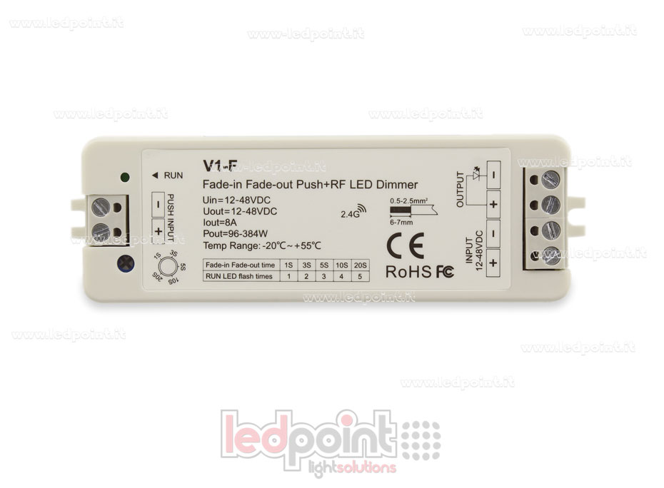 Ricevitore dimmer monocromatico, accensione e spegnimento in dissolvenza regolabile e con pulsante 12/48V, 1ch*8A, RF 2.4G Ricevitore dimmer monocromatico, accensione e spegnimento in dissolvenza regolabile e con pulsante 12/48V, 1ch*8A, RF 2.4G
