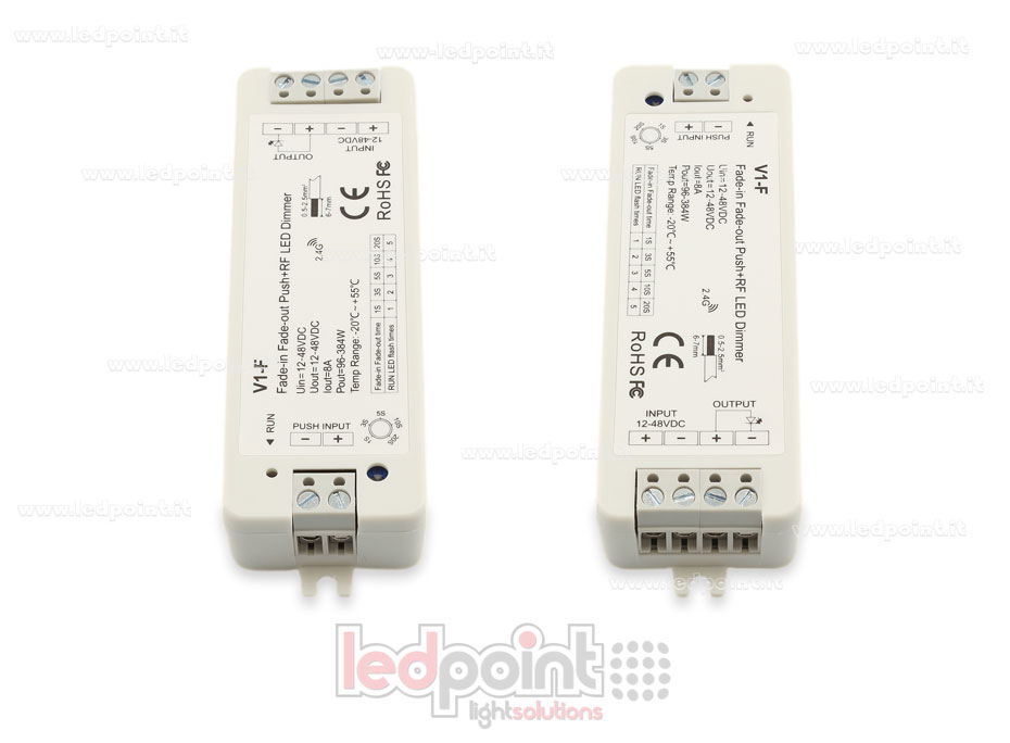 Ricevitore dimmer monocromatico, accensione e spegnimento in dissolvenza regolabile e con pulsante 12/48V, 1ch*8A, RF 2.4G Ricevitore dimmer monocromatico, accensione e spegnimento in dissolvenza regolabile e con pulsante 12/48V, 1ch*8A, RF 2.4G