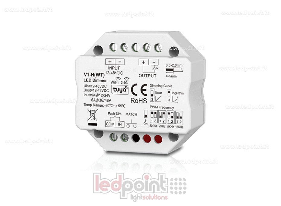 WiFi- & RF-Dimmer-Empfänger für Unterputz-Verteilerdose, einfarbig mit Taster, 1CH6A/9A, 12-48VDC, RF 2,4G
