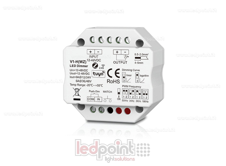 Zigbee & RF dimmer receiver for wall junction box, single-color with button, 1CH6A/9A, 12-48VDC, RF 2.4G
