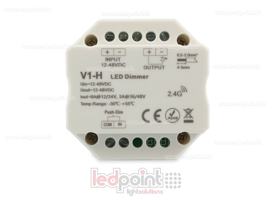 Ricevitore dimmer per scatola di derivazione a muro, monocromatico con pulsante 1CH*4A/8A 12-48VDC, RF 2.4G Ricevitore dimmer per scatola di derivazione a muro, monocromatico con pulsante 1CH*4A/8A 12-48VDC, RF 2.4G