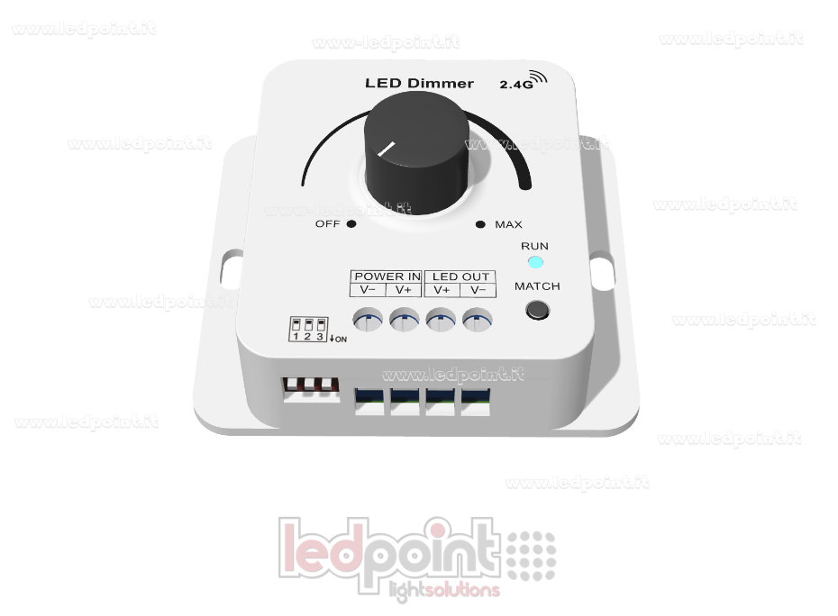 Dimmer monocromatico 12/48V, 1ch*8A con rotella e frequenza PWM selezionabile Dimmer monocromatico 12/48V, 1ch*8A con rotella e frequenza PWM selezionabile