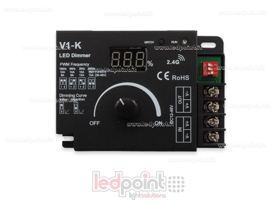Dimmer monocromatico 12/48V, 1ch*20A con pomello, curva logaritmica o lineare selezionabile e frequenza PWM Dimmer monocromatico 12/48V, 1ch*20A con pomello, curva logaritmica o lineare selezionabile e frequenza PWM