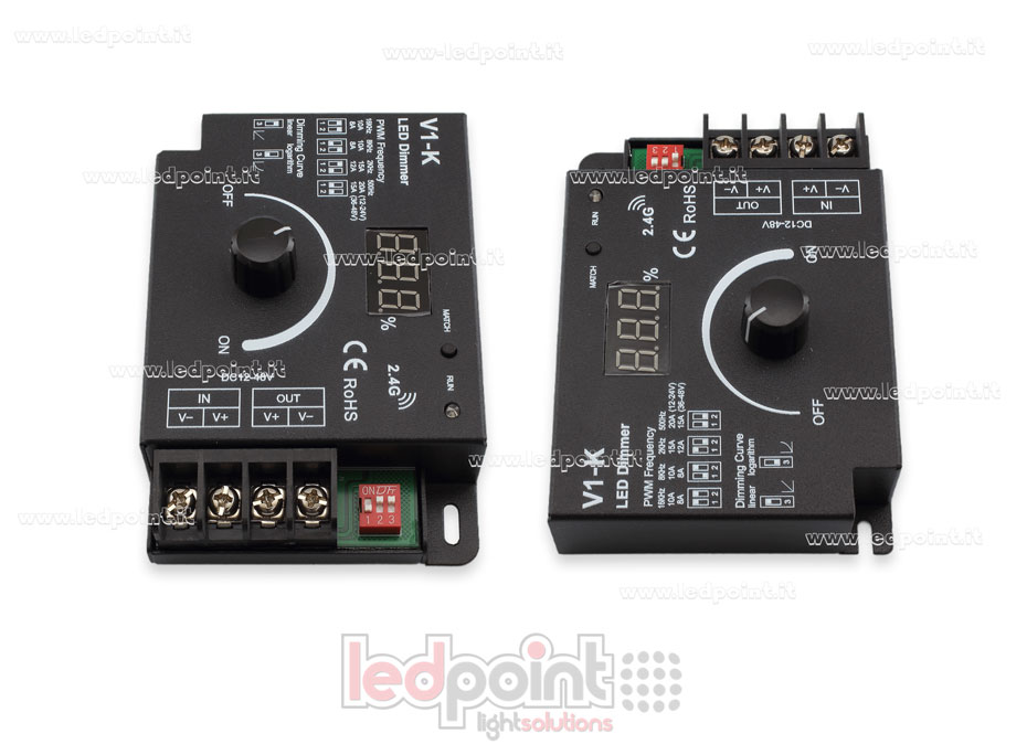 Dimmer monocromatico 12/48V, 1ch*20A con pomello, curva logaritmica o lineare selezionabile e frequenza PWM Dimmer monocromatico 12/48V, 1ch*20A con pomello, curva logaritmica o lineare selezionabile e frequenza PWM