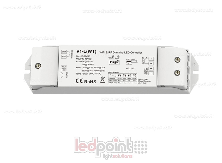 Monochromatic dimmer receiver with button, Wi-Fi & RF, 1CH*15A 12/24V or 1CH*10A 36/48V RF 2.4G