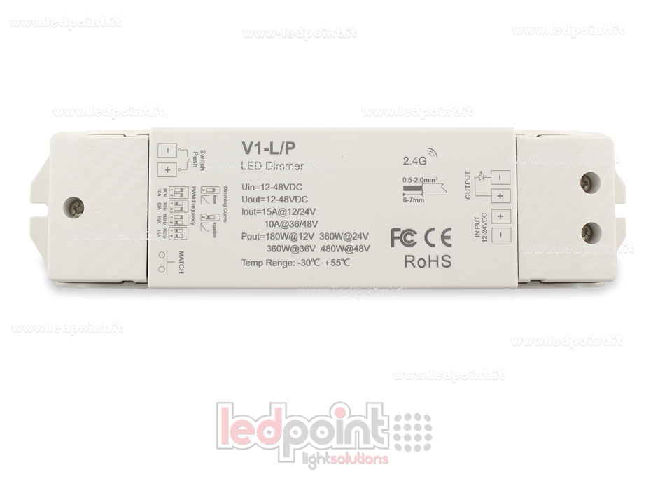 Einfarbiger Dimmerempfänger mit Push-Dim, PWM-Frequenz wählbar, 1 Kanal * 15 A 12/24 V oder 1 Kanal * 10 A 36/48 V, RF 2,4 G Einfarbiger Dimmerempfänger mit Push-Dim, PWM-Frequenz wählbar, 1 Kanal * 15 A 12/24 V oder 1 Kanal * 10 A 36/48 V, RF 2,4 G