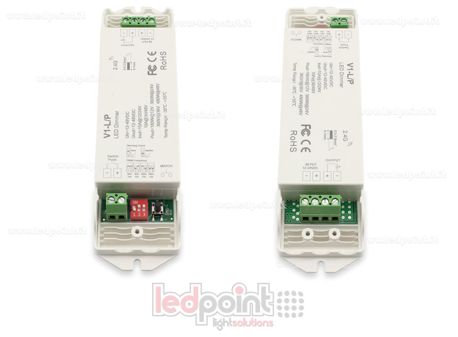 Einfarbiger Dimmerempfänger mit Push-Dim, PWM-Frequenz wählbar, 1 Kanal * 15 A 12/24 V oder 1 Kanal * 10 A 36/48 V, RF 2,4 G Einfarbiger Dimmerempfänger mit Push-Dim, PWM-Frequenz wählbar, 1 Kanal * 15 A 12/24 V oder 1 Kanal * 10 A 36/48 V, RF 2,4 G