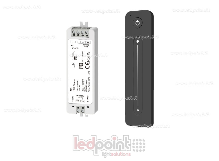 Kit telecomado + controller monocromatico con pulsante 5/36V, 1ch*8A, RF 2.4G Kit telecomado + controller monocromatico con pulsante 5/36V, 1ch*8A, RF 2.4G