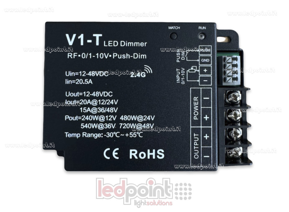 Ricevitore dimmer monocromatico, push dim, 0/1-10V, 12/24V, 1ch*20A, RF 2.4G Ricevitore dimmer monocromatico, push dim, 0/1-10V, 12/24V, 1ch*20A, RF 2.4G