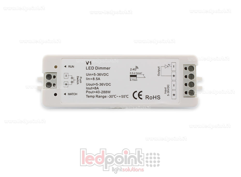 Ricevitore dimmer monocromatico con pulsante 5/36V, 1ch*8A, RF 2.4G Ricevitore dimmer monocromatico con pulsante 5/36V, 1ch*8A, RF 2.4G