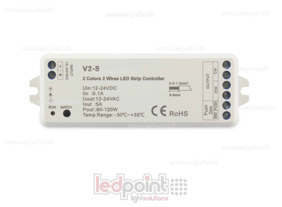 Ricevitore controller per CCT 2 fili 12-24V, 1ch*5A, RF 2.4G Ricevitore controller per CCT 2 fili 12-24V, 1ch*5A, RF 2.4G