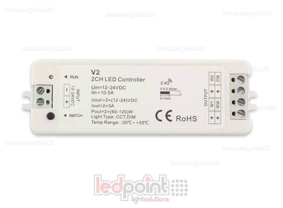 Ricevitore controller CCT 12-24V, 2ch*5A, RF 2.4G Ricevitore controller CCT 12-24V, 2ch*5A, RF 2.4G