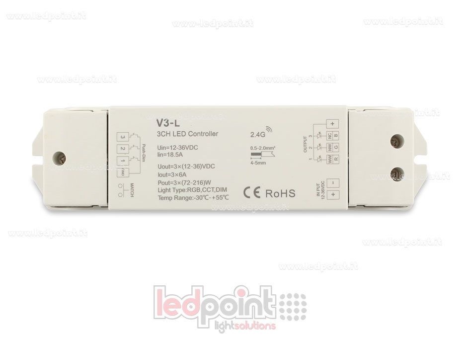 RGB Kontroller 12-36V, 3ch*6A, RF 2.4G, push dim RGB Kontroller 12-36V, 3ch*6A, RF 2.4G, push dim