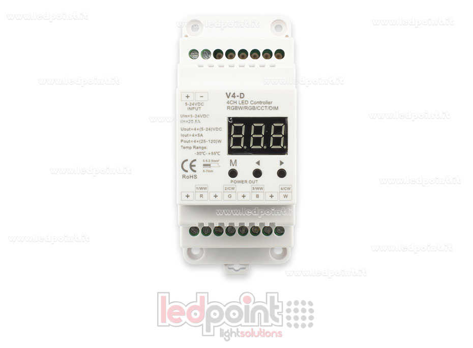 Ricevitore controller RGBW 12/24V, 4ch*5A, RF 2.4G per barra DIN Ricevitore controller RGBW 12/24V, 4ch*5A, RF 2.4G per barra DIN