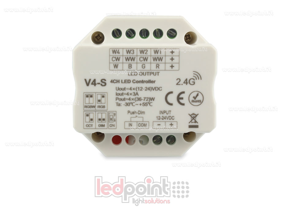 Ricevitore controller RGBW con pulsante 12/24V, 4ch*3A, RF 2.4G, per scatola di derivazione a muro Ricevitore controller RGBW con pulsante 12/24V, 4ch*3A, RF 2.4G, per scatola di derivazione a muro