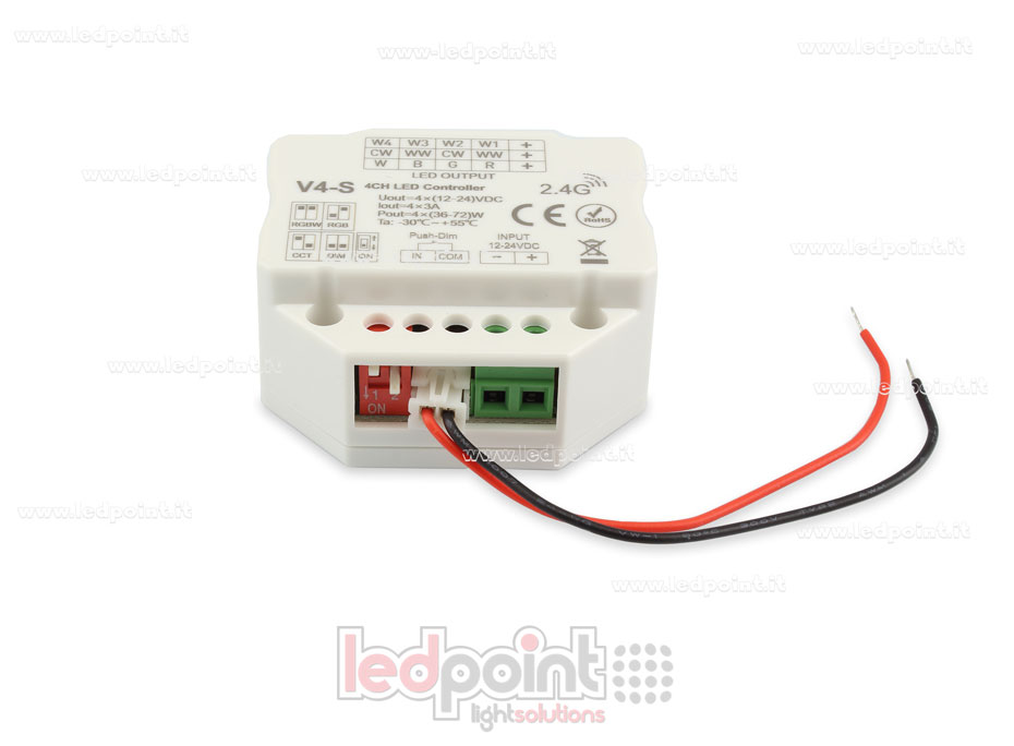Ricevitore controller RGBW con pulsante 12/24V, 4ch*3A, RF 2.4G, per scatola di derivazione a muro Ricevitore controller RGBW con pulsante 12/24V, 4ch*3A, RF 2.4G, per scatola di derivazione a muro