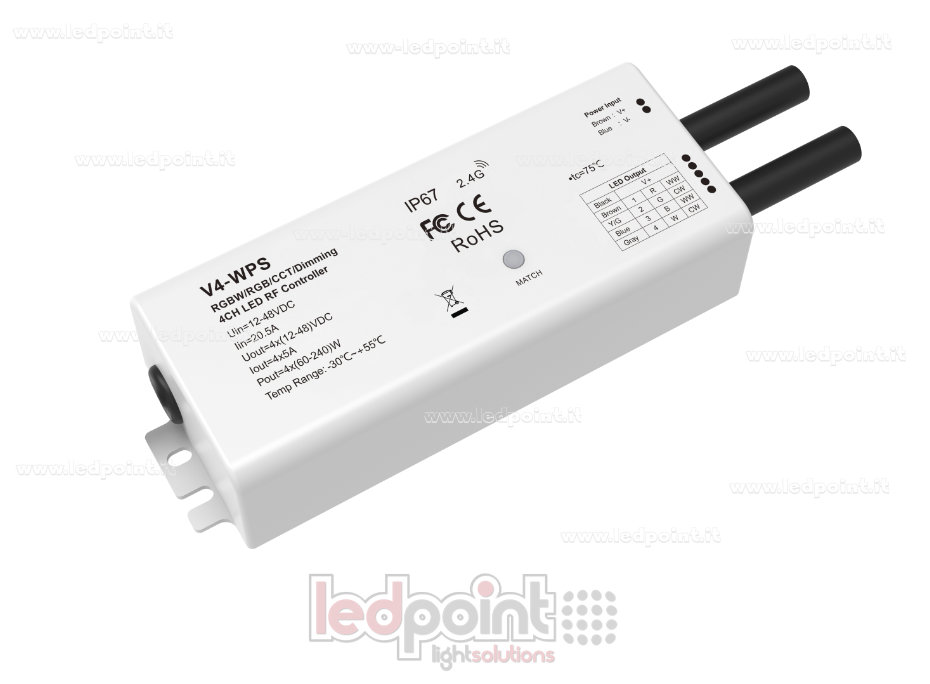 RGBW Controller Receiver IP67 $12/48\text{V}$, $4\text{ch} \times 5\text{A}$, $2.4\text{G}$ RF RGBW Controller Receiver IP67 $12/48\text{V}$, $4\text{ch} \times 5\text{A}$, $2.4\text{G}$ RF