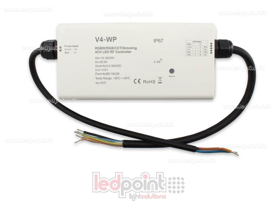 Ricevitore controller RGBW IP67 impermeabile 12/36V, 4ch*5A, RF 2.4G Ricevitore controller RGBW IP67 impermeabile 12/36V, 4ch*5A, RF 2.4G