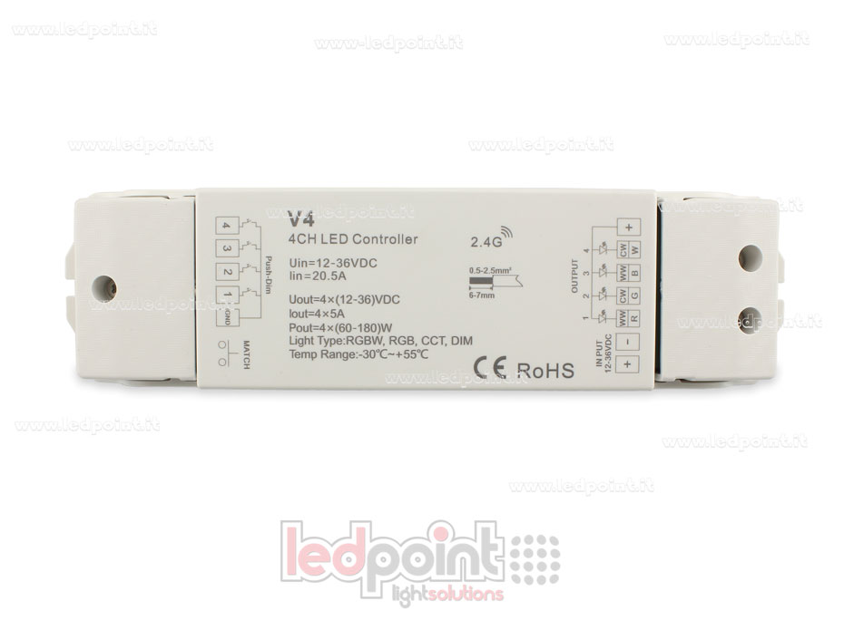 Ricevitore controller RGBW 12/48V, 4ch*5A, RF 2.4G Ricevitore controller RGBW 12/48V, 4ch*5A, RF 2.4G