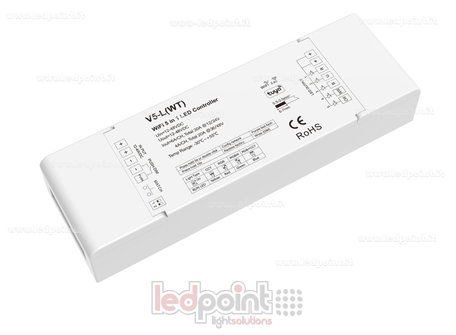 Ricevitore controller RGB+CCT 12/24V, 5ch*6A oppure 36/48V, 5ch*4A, RF 2.4G e WIFI