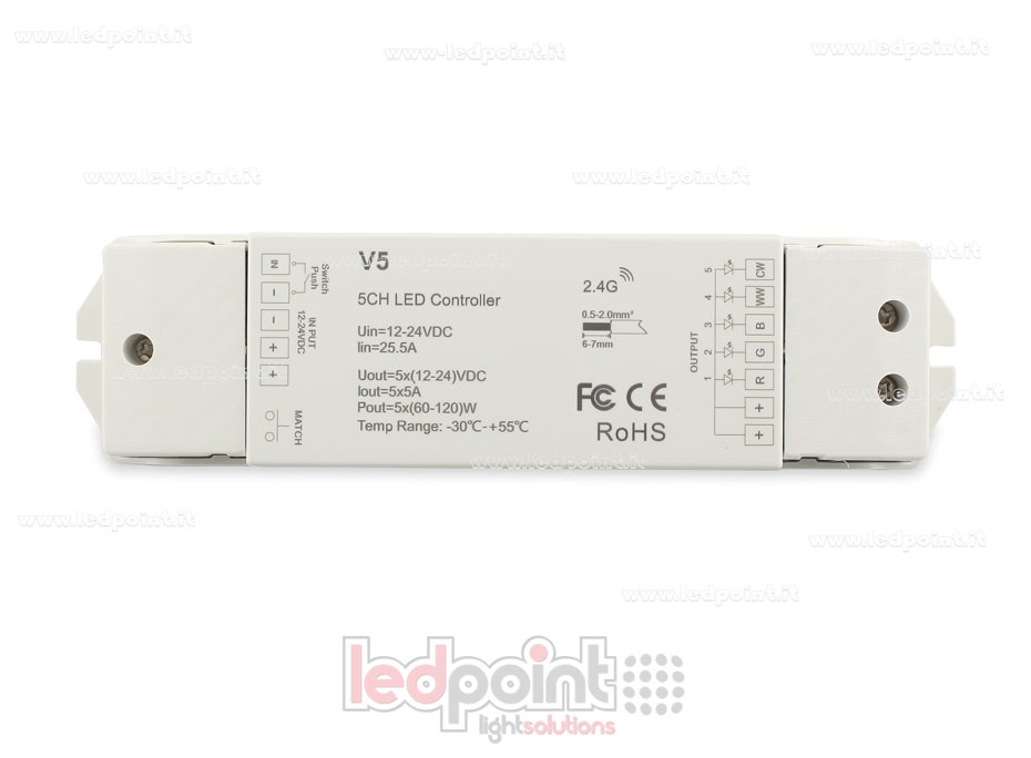 Ricevitore controller RGB+CCT 5/24V, 5ch*4A, RF 2.4G Ricevitore controller RGB+CCT 5/24V, 5ch*4A, RF 2.4G