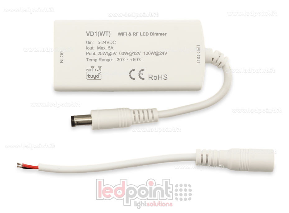 Ricevitore dimmer monocromatico con 3 bottoni 5/24V, 1ch*5A, Wi-Fi e RF 2.4G