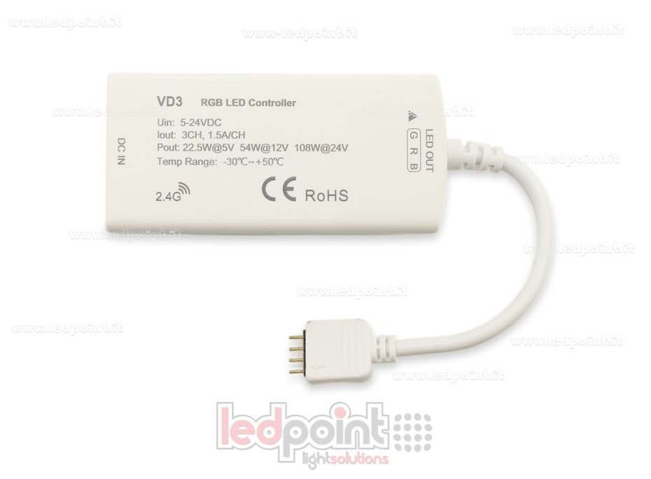 RGB Dimmerempfänger mit 3 Tasten 5/24 V, 1 Kanal*5 A, RF 2,4 G RGB Dimmerempfänger mit 3 Tasten 5/24 V, 1 Kanal*5 A, RF 2,4 G