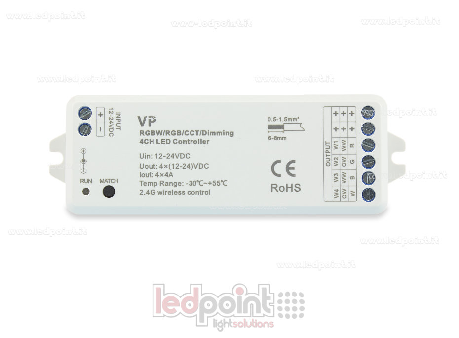 Ricevitore controller RGBW 12/24V, 4ch*4A, Max 16A, RF 2.4G Ricevitore controller RGBW 12/24V, 4ch*4A, Max 16A, RF 2.4G