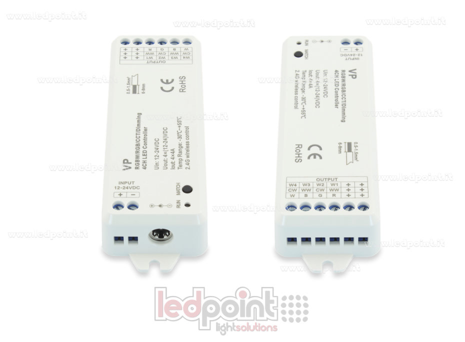 Ricevitore controller RGBW 12/24V, 4ch*4A, Max 16A, RF 2.4G Ricevitore controller RGBW 12/24V, 4ch*4A, Max 16A, RF 2.4G