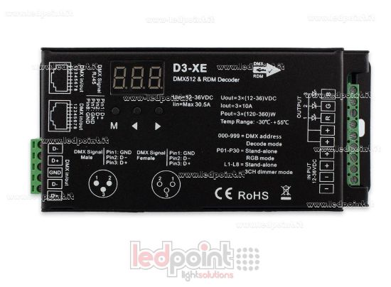 Immagine di Decoder DMX 512 & RDM, 3 canali da 10A l'uno, tensione 12-36V DC, porta XLR3 e RJ45