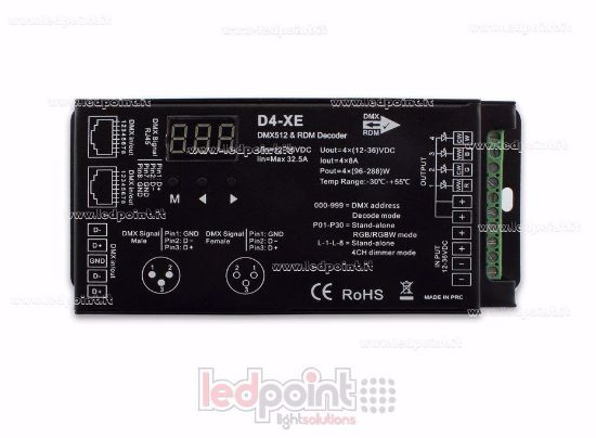 Picture of DMX 512 & RDM decoder, 4-channels 8A each, voltage 12-36V DC, XLR3 e RJ45