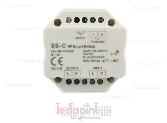 Immagine di Controller monocromatico 100-240VAC, on/off, non dimmerabile, 3A, push dim, RF 2.4G, per scatola di derivazione a muro