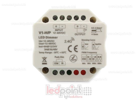 Immagine di Ricevitore dimmer monocromatico con pulsante per scatola di derivazione a muro, 1CH*4A/8A 12-48VDC, RF 2.4G con curva dimming e frequenza PWM selezionabile
